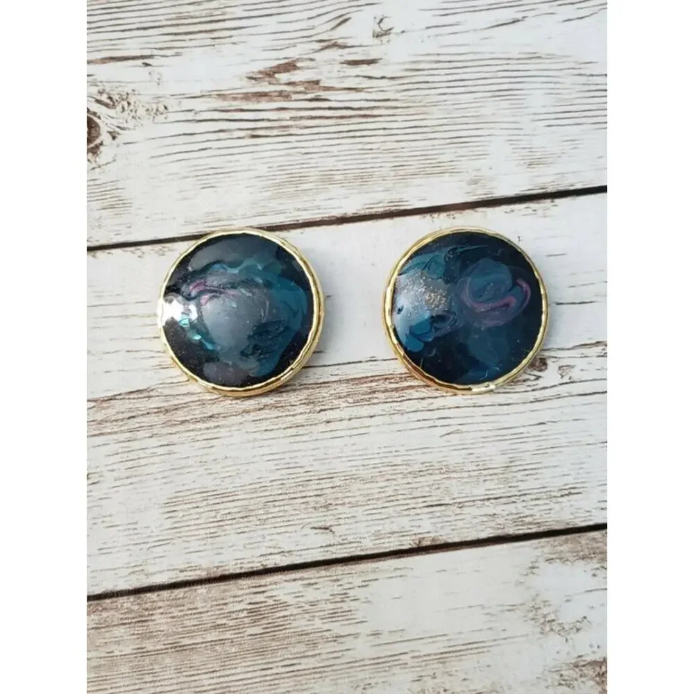 Vintage Clip On Earrings Galaxy Blue/Purple Circle Statement